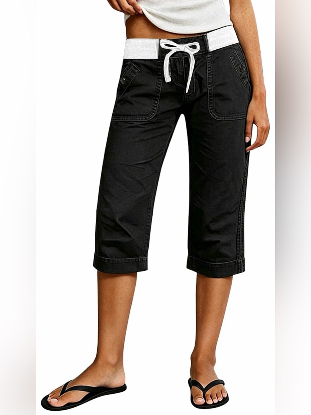 Flamingals Drawstring Button Decor Mid Waist Straight Leg Capri Pants